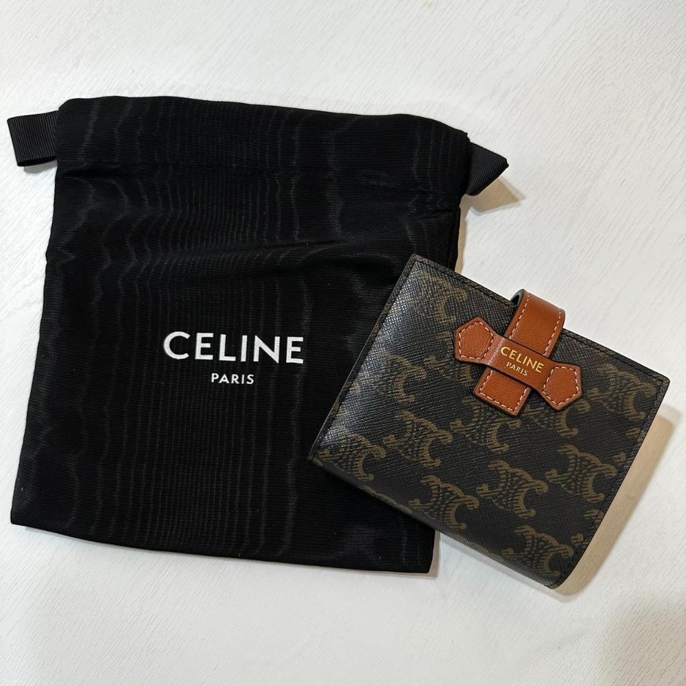 Celine Small Strap Wallet In Triomphe Canvas Tan Lambskin